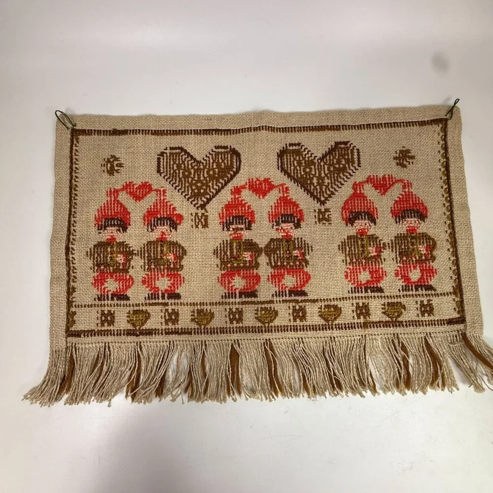 Swedish Cross Stitch Christmas Tapestry Wall Hanging Red Gingerbread Hearts Elf